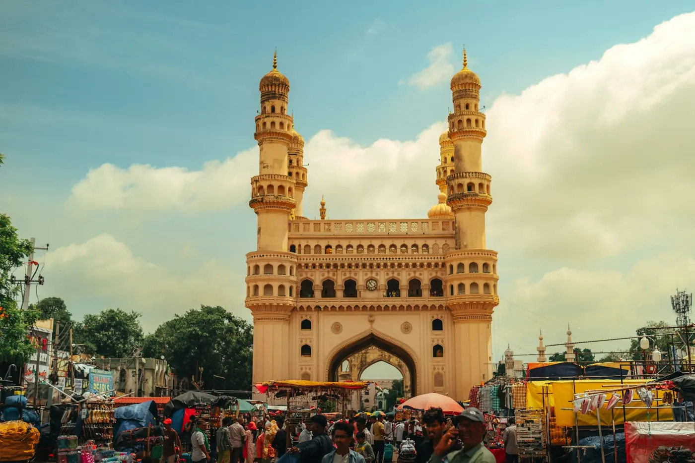 The Charminar in Hyderabad against a blue sky